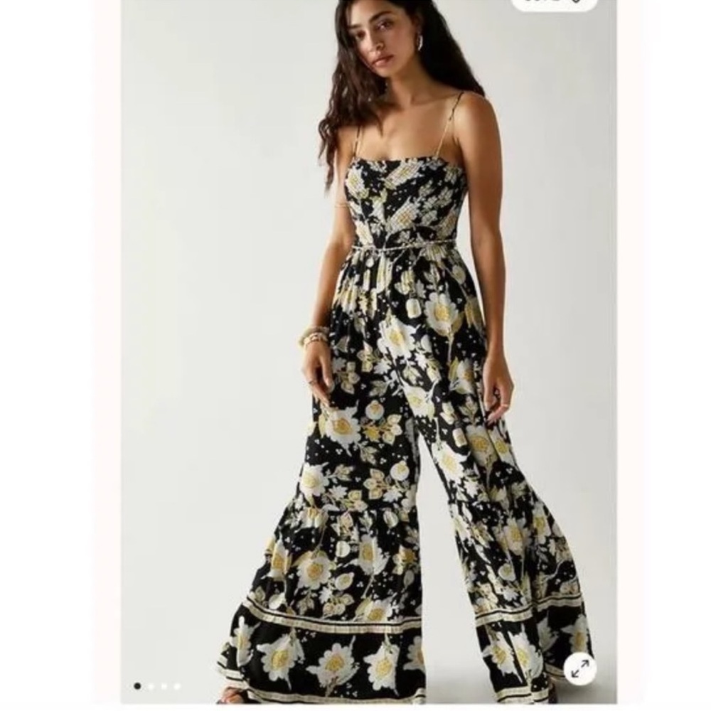 Free People Black Yellow Little of your Love Smocked Floral Jumpsuit size small - Picture 10 of 14